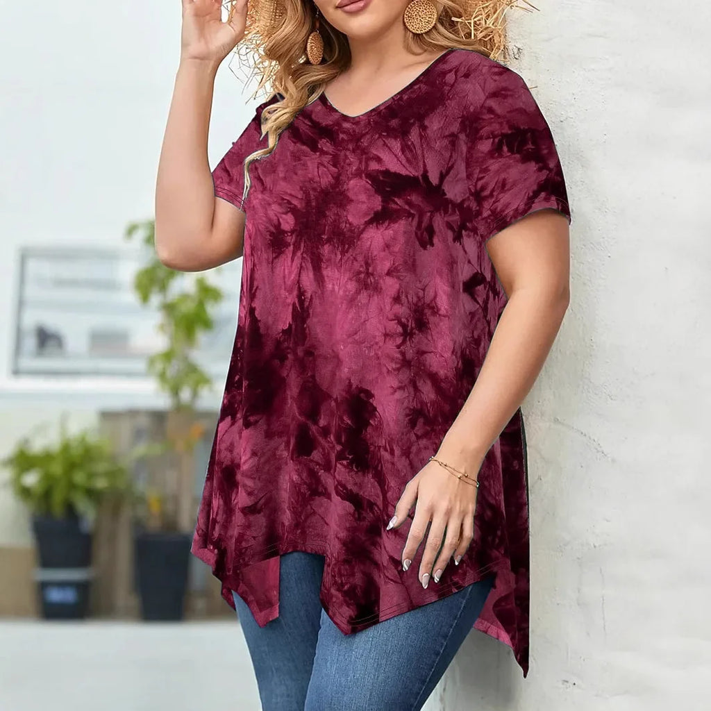 5XL Plus Size Woman Clothing Tie Dye Short Sleeve T-Shirt Casual New V