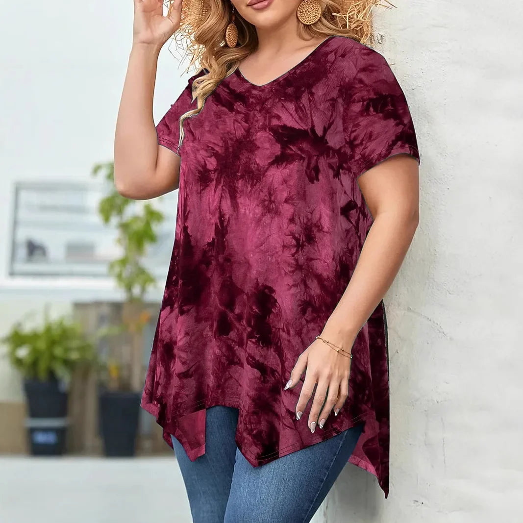 5XL Plus Size Woman Clothing Tie Dye Short Sleeve T-Shirt Casual New V