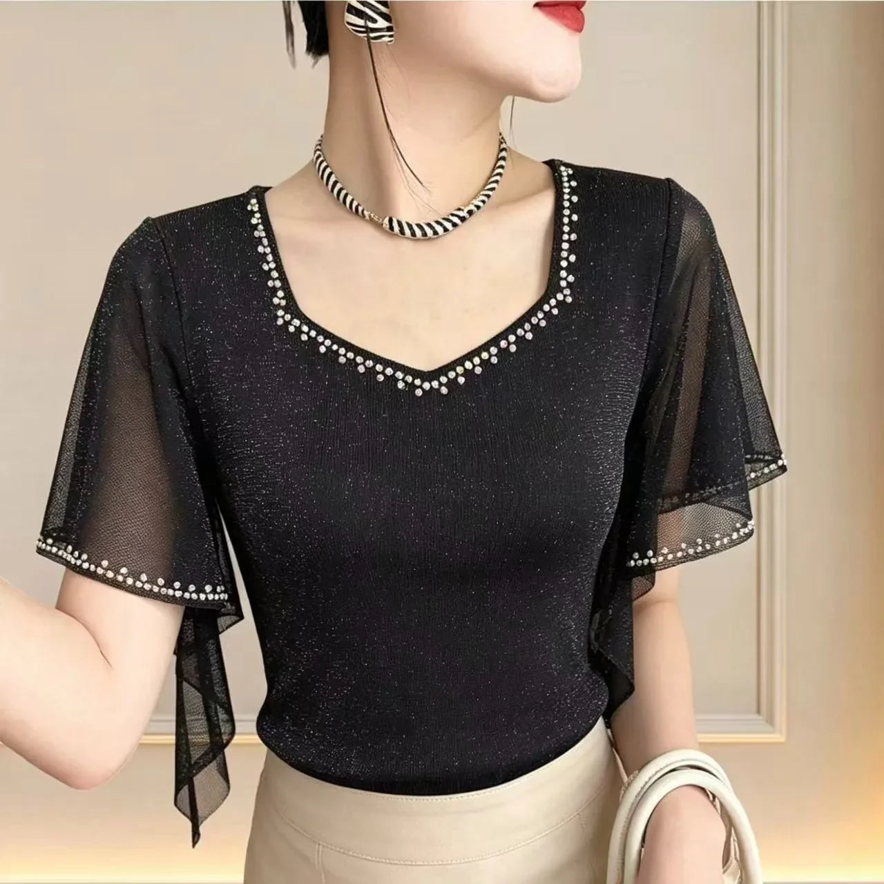 Summer New Diamond Shirt Short Sleeved Mesh Tops Slim Korean Fashion