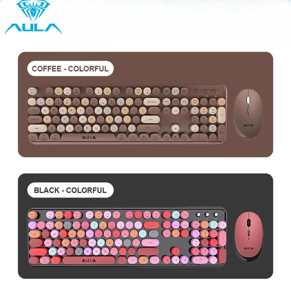 AULA AC306™ Wireless Retro Round Keycap Keyboard & Mouse Set – Silent 2.4G, Pink & Coffee | FlipStylez LLC®