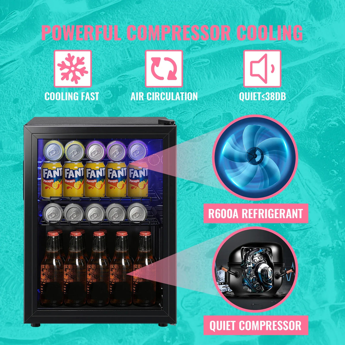 2.6 Cu.Ft Beverage Refrigerator Cooler, 100 Can Mini Fridge, Black | 32°F to 50°F, Compressor Cooling, Glass Door, 40 dB, Adjustable Temperature Control, 2 Shelves, Energy Efficient