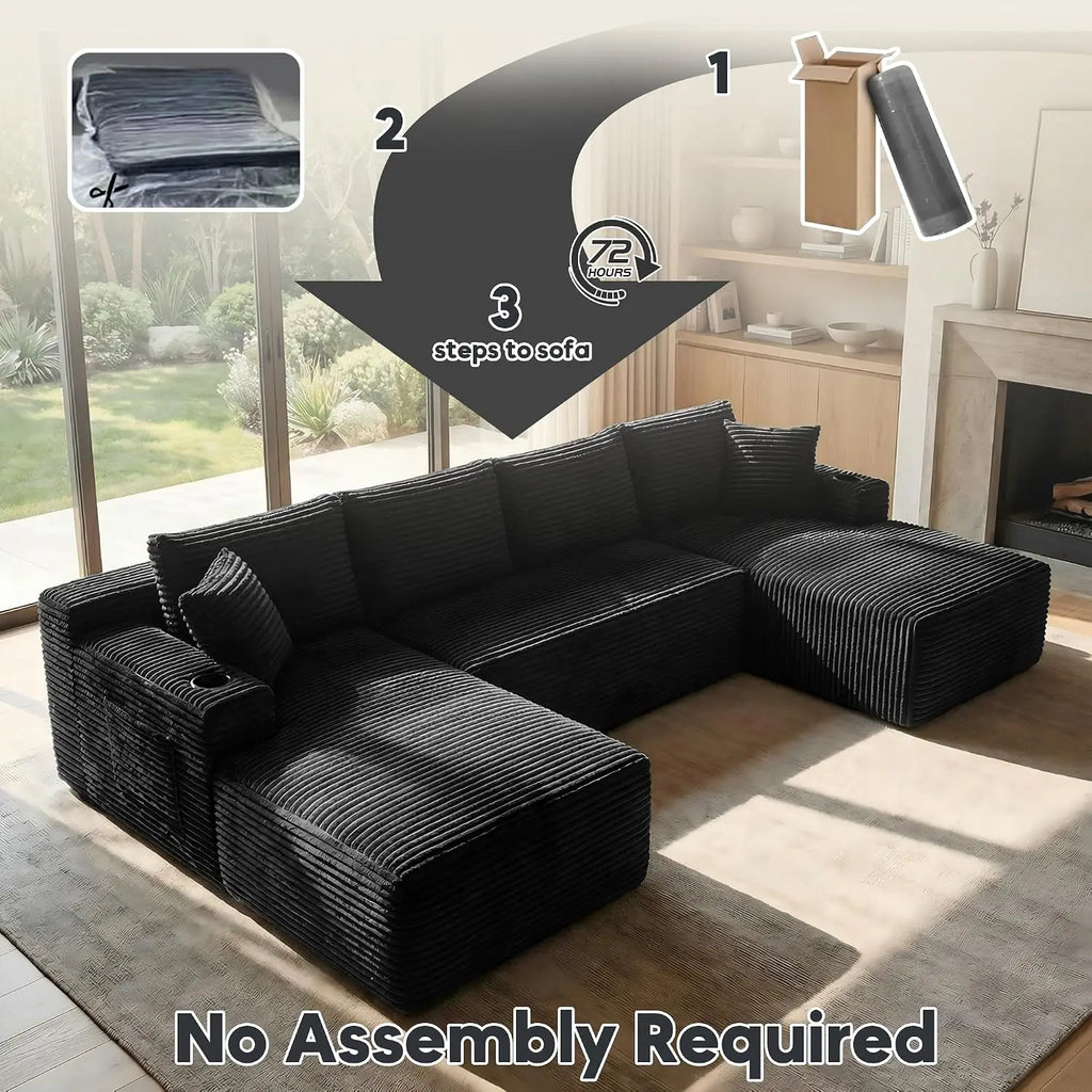 125" Oversized Cloud Boneless Couch with Chaise, Modern Modular Sofa with Deep Seat, Corduroy Upholstered U Shaped, Customized