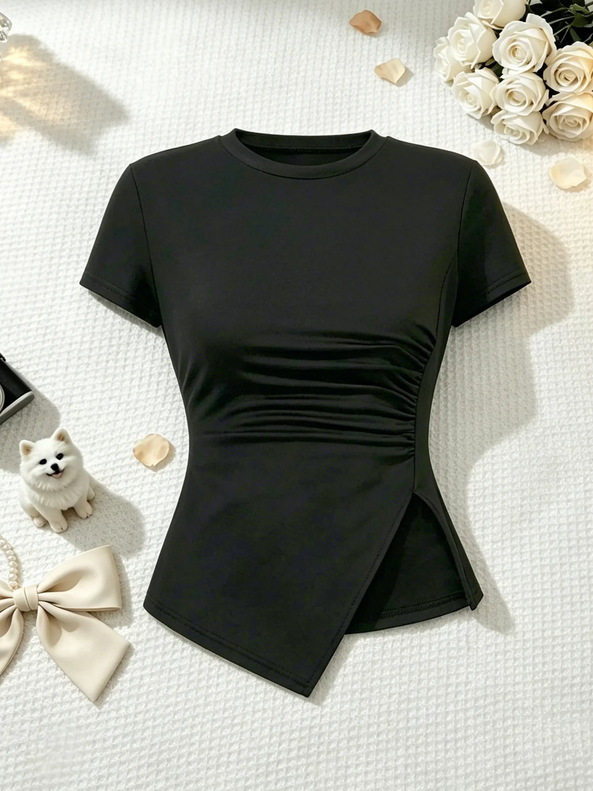 2 Pcs Women Crew Neck Side Ruched Split Hem Short Sleeve Tee High