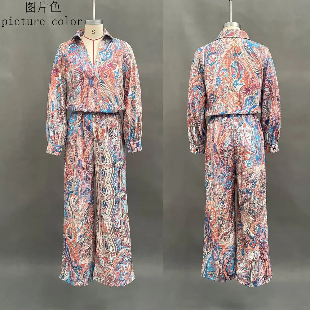 Boho Paisley Print Two-Piece Set for Women Sexy V-Neck Long Sleeve