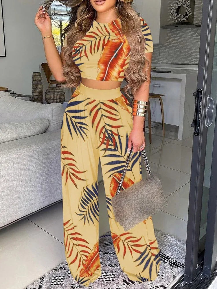 New Women's Sexy Ultra Short Top Set Summer Fashion Printed Corset Waist Long Pants Slim Elegant Female Casual Pants 2 Piece Set