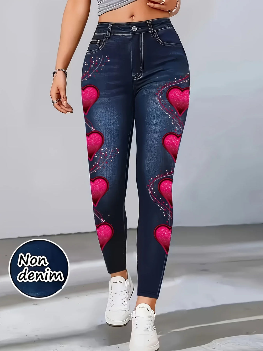 Women High Waist Faux Denim Leggings, Heart Print Skinny Pencil Pants, Stretch Non-Denim Slim Casual Streetwear Trousers