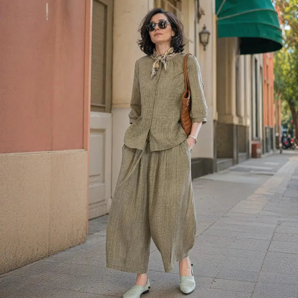 Plus Size Casual Suit Women 2 Piece Cotton Linen Sets, Button Down
