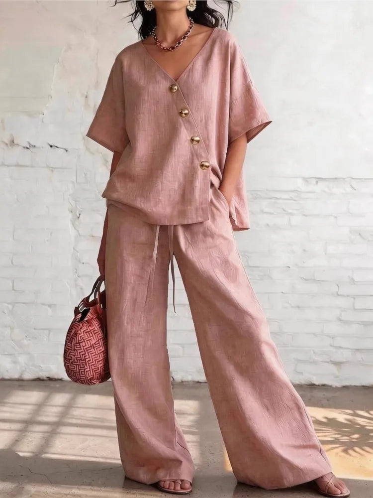 Casual Cotton Loose Pants Sets Women Summer Fashion Short Sleeve