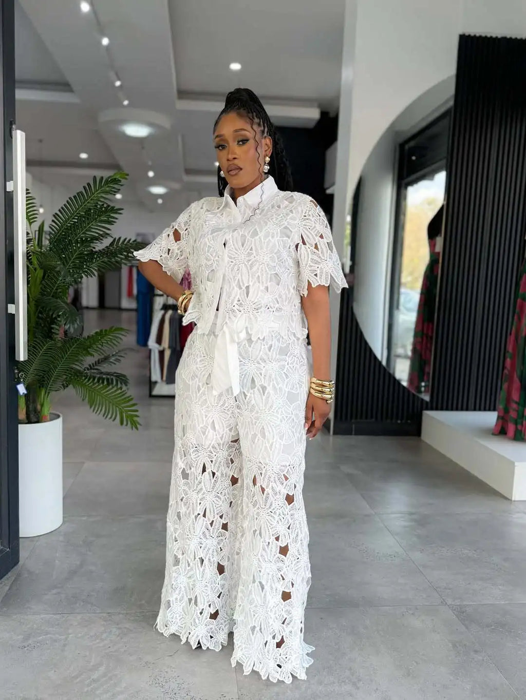 Streetwear Hollow Out Lace Casual Pants Outfits Sexy Women Two Pieces Club Matching Set Top+Trousers