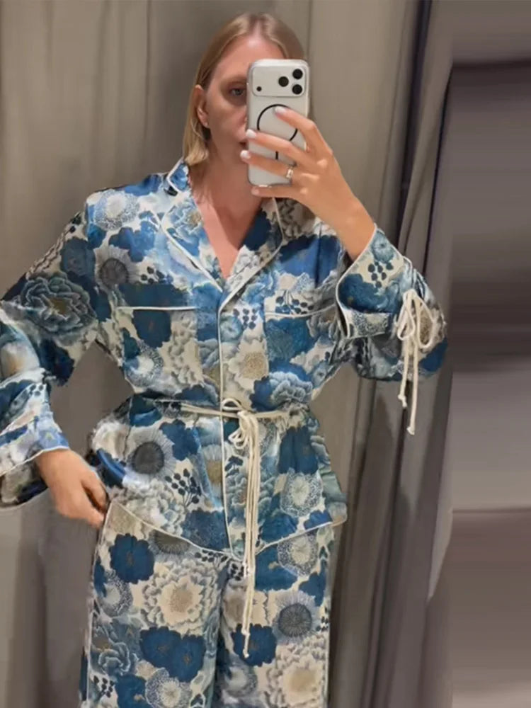 Casual Women's Printed Blouses Pant Set Loose Long Sleeve Lapel Lace