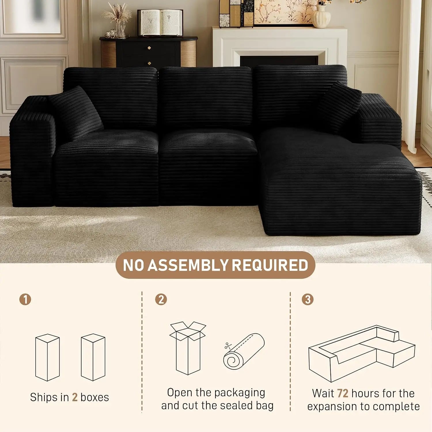 109" L-Shaped Cloud Boneless Couch Sofa with Chaise, Black, Custom