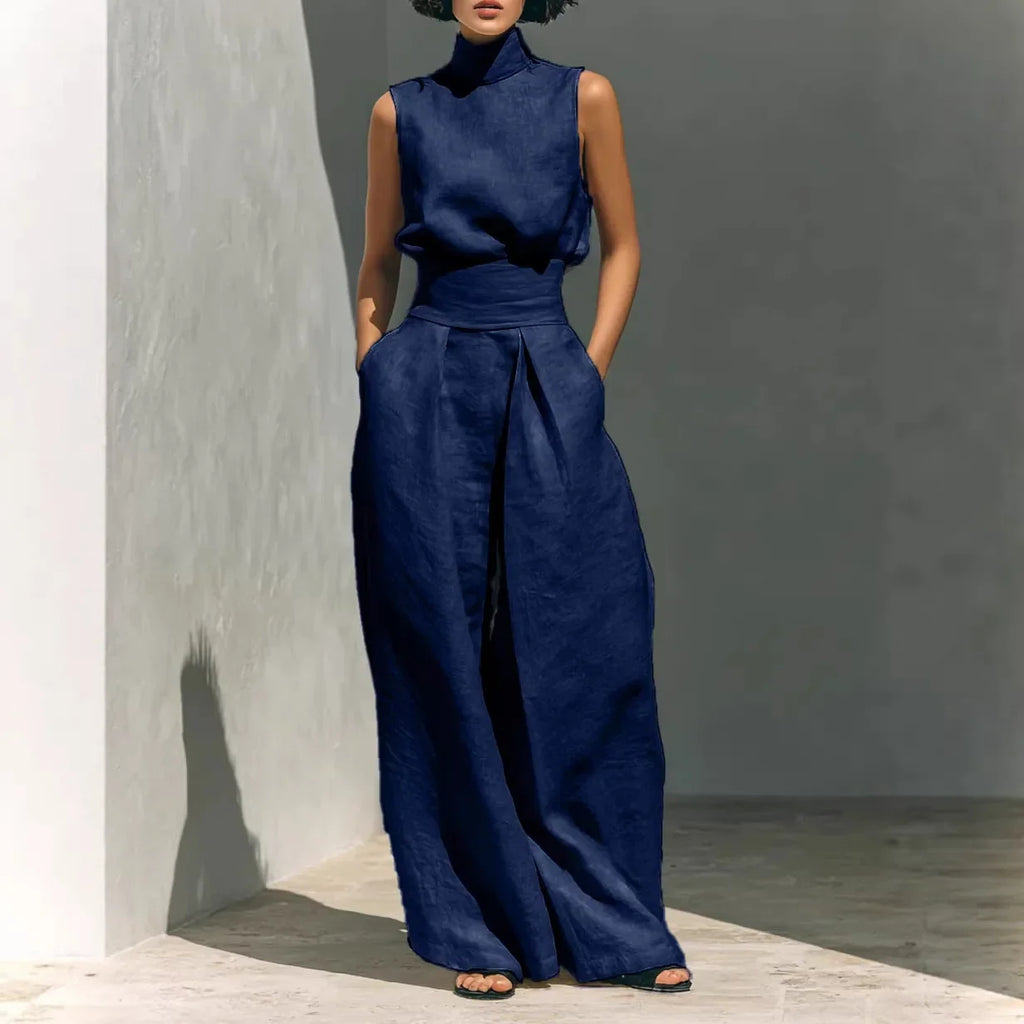 Women 2 Piece Outfit, Sleeveless High Neck Blouse & High Waist Wide