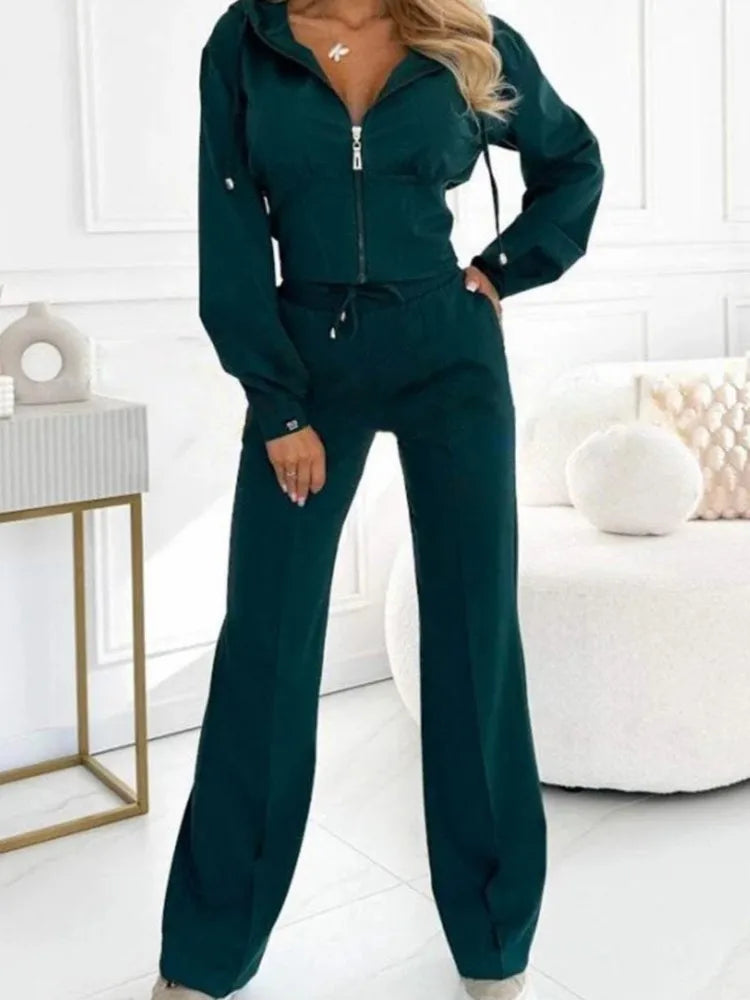 Autumn Casual Solid Sportswear Women Set Fashion Zipper Hooded