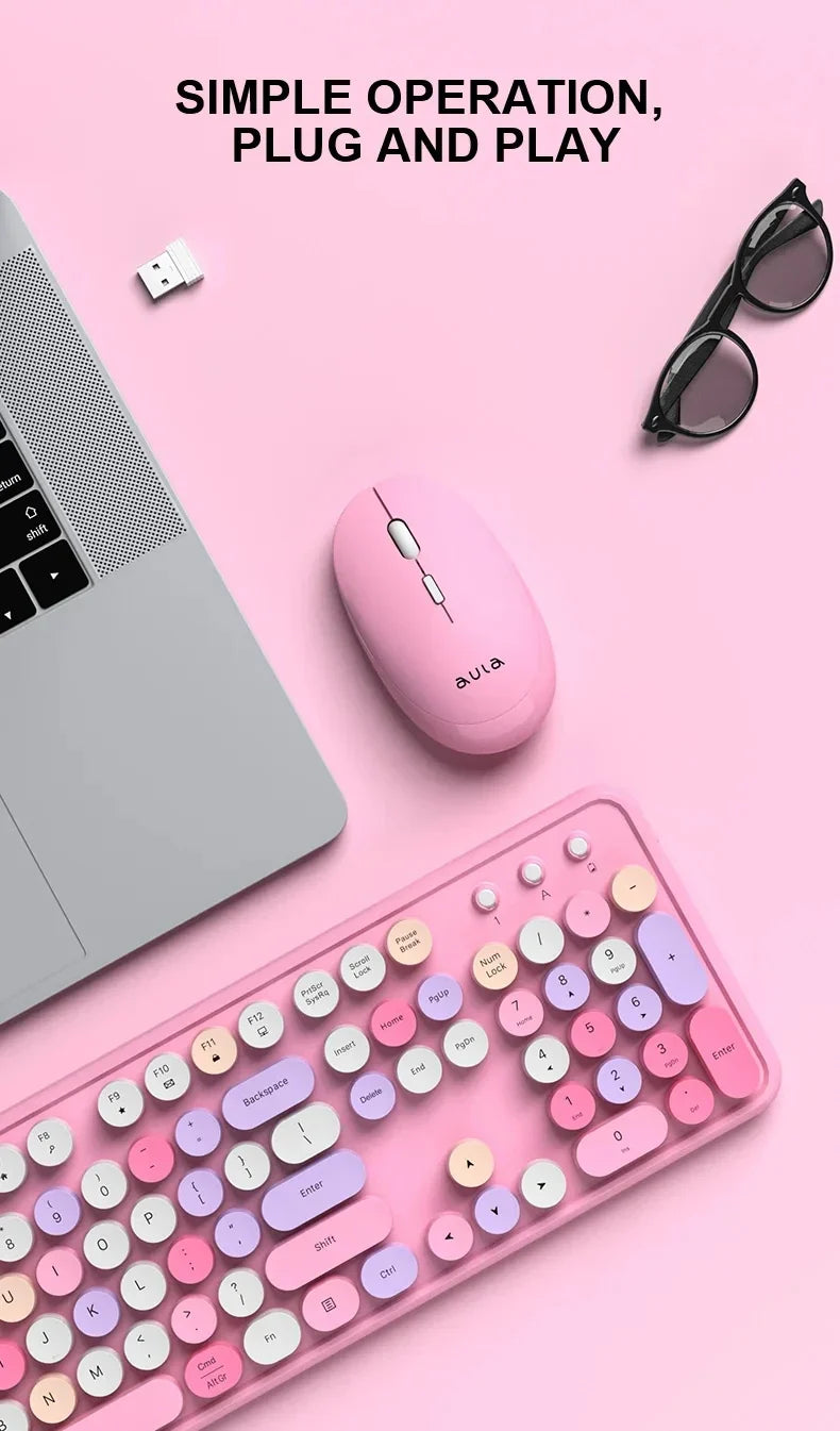AULA AC306™ Wireless Retro Round Keycap Keyboard & Mouse Set – Silent 2.4G, Pink & Coffee | FlipStylez LLC®