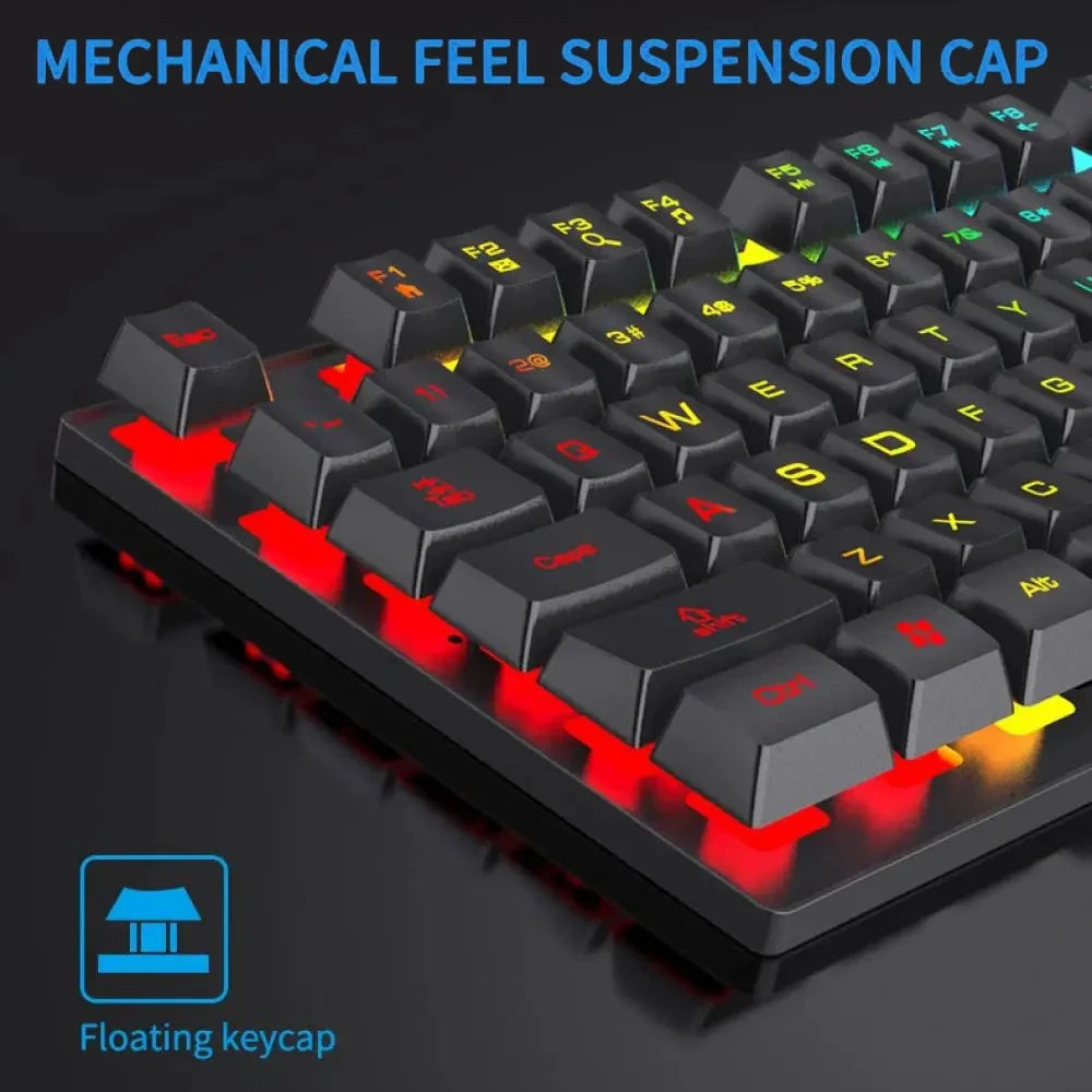 Kebidumei™ 104-Key Backlit Mechanical-Feel Wired Gaming Keyboard & Mouse Set – 3-Color Rainbow Backlit, Waterproof, Laser-Engraved Floating Keycaps, USB, PC & Laptop | FlipStylez LLC®