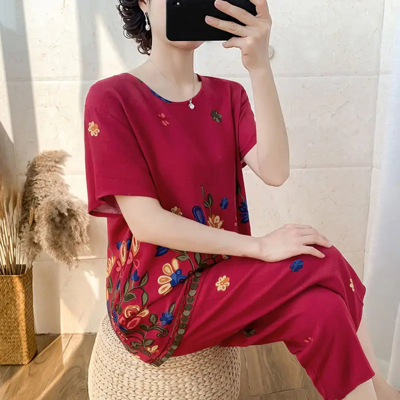 Summer Women Cotton Linen Short Sleeve Set Large Size Middle-Aged