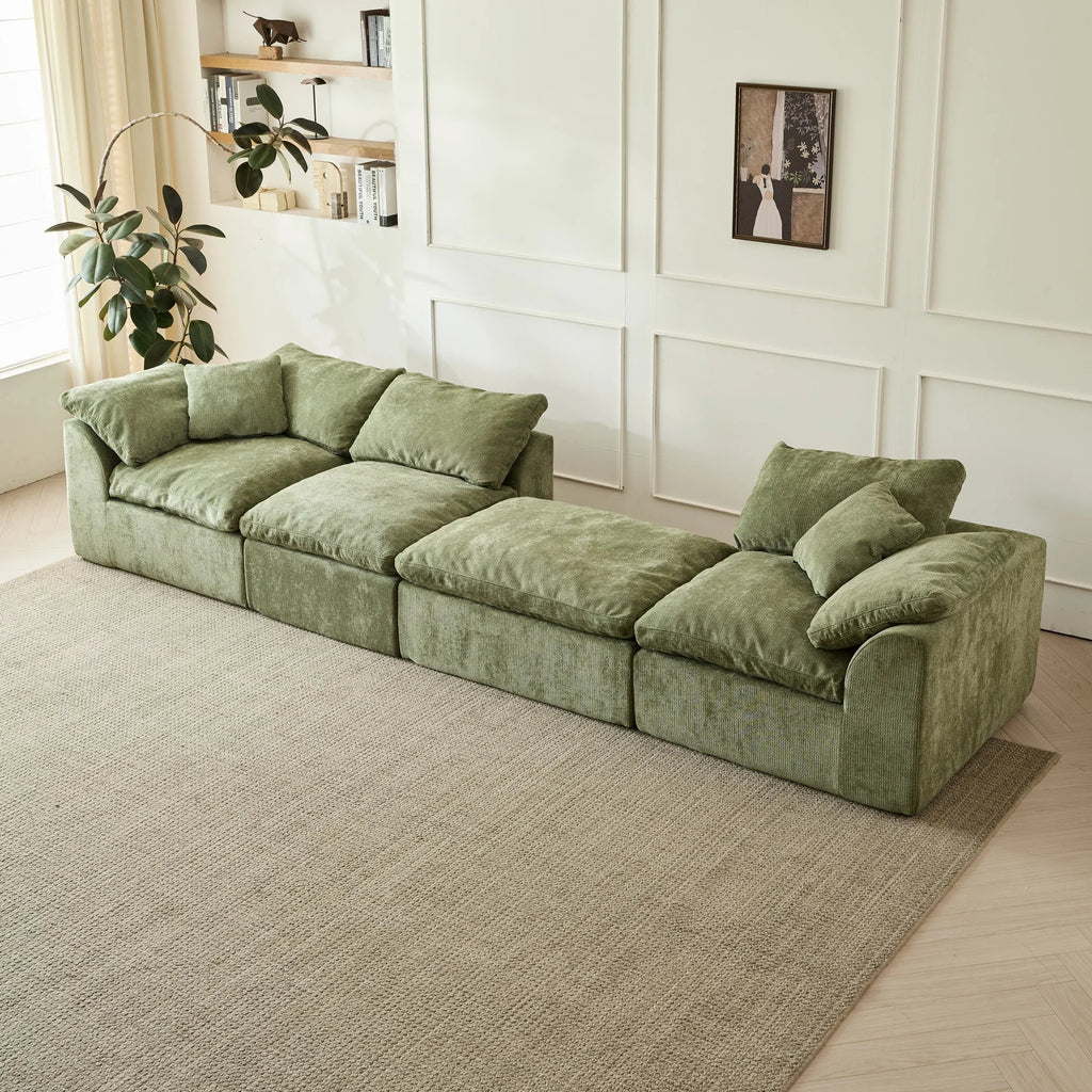 Modern Cloud L-Shaped 3-Seater Oversized Deep Seat Chenille Fabric Sofa Green Modular Sectional with Ottoman