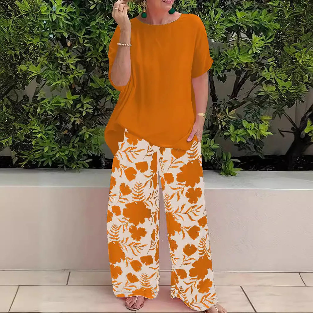 Wide Leg Pant Two Piece Set Women Fashion Short Sleeve Shirt and Pant