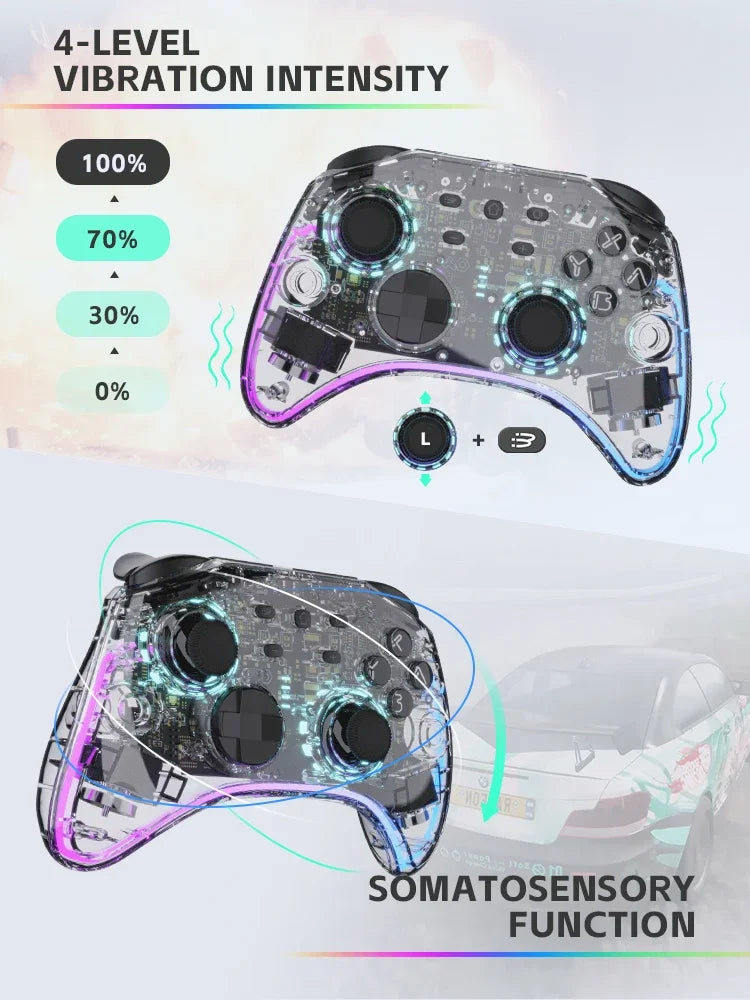 DATA FROG Transparent Wireless Gamepad RGB LED Gaming Controller With Audio Jack For Switch OLED PC Steam Deck Android Smartphon