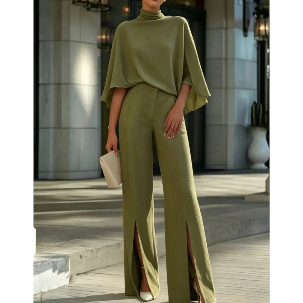 Autumn Women's Half Turtleneck Shawl Top Fashion Slit Wide Leg