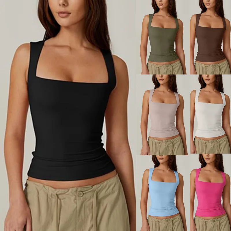 Sexy Slimming T-Shirts for Women Fashion Square Neck Sleeveless Tops Harajuku Tanks Woman Clothes Casual Top Tees Streetwear