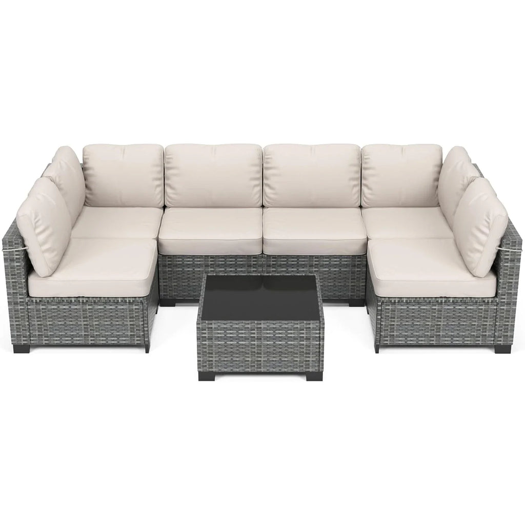 7-Piece Modular Outdoor Furniture Set, PE Rattan Wicker Sectional Modular Conversation Sofa Set, Perfect For Garden Balcony