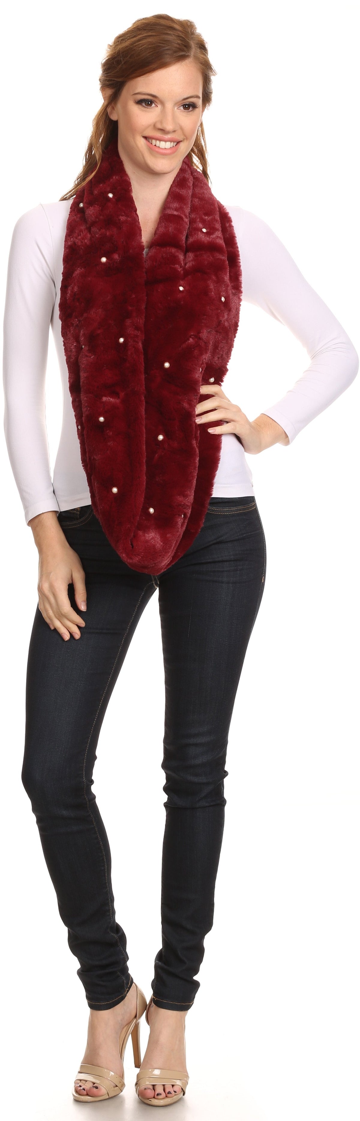 Sakkas Sabby Long Thin Faux Fur Pearl Embellishment Warm Soft Infinity Scarf