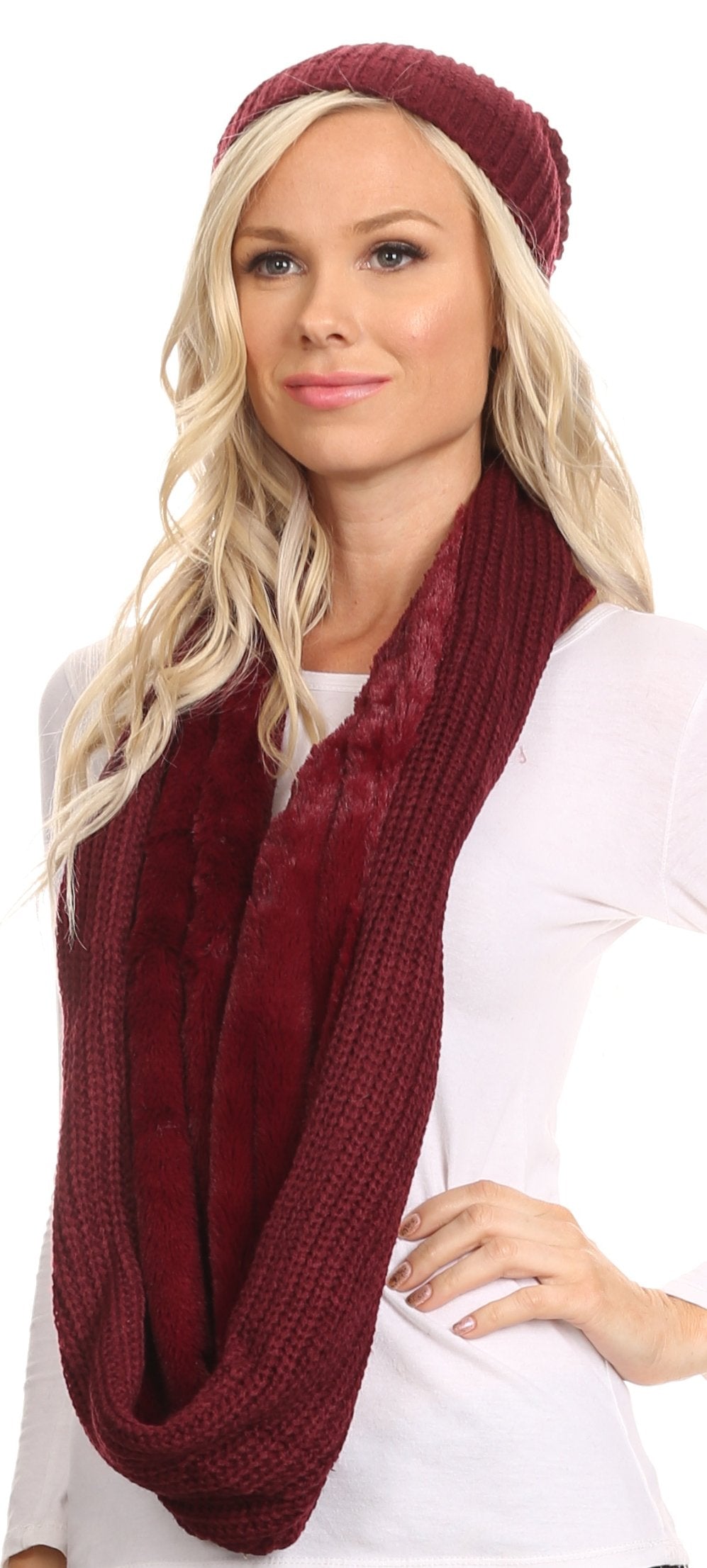 Sakkas Balencia Cool Girl Long Wide Soft Fur Lined Infinity Scarf Beanie Hat Set