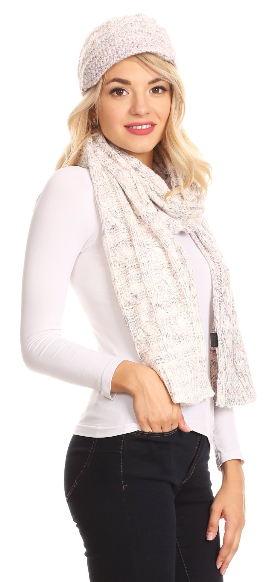 Sakkas Coline Soft Heather Chunky Cable knit Hat and Scarf Set Warm Cozy Winter