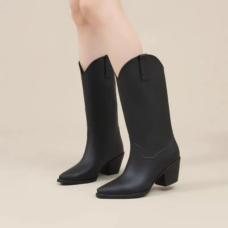 Women New Block Heel High Top Rain Boots Four Seasons Thick Sole Waterproof Non Slip Outdoor Fashionable High Heel Water Shoes