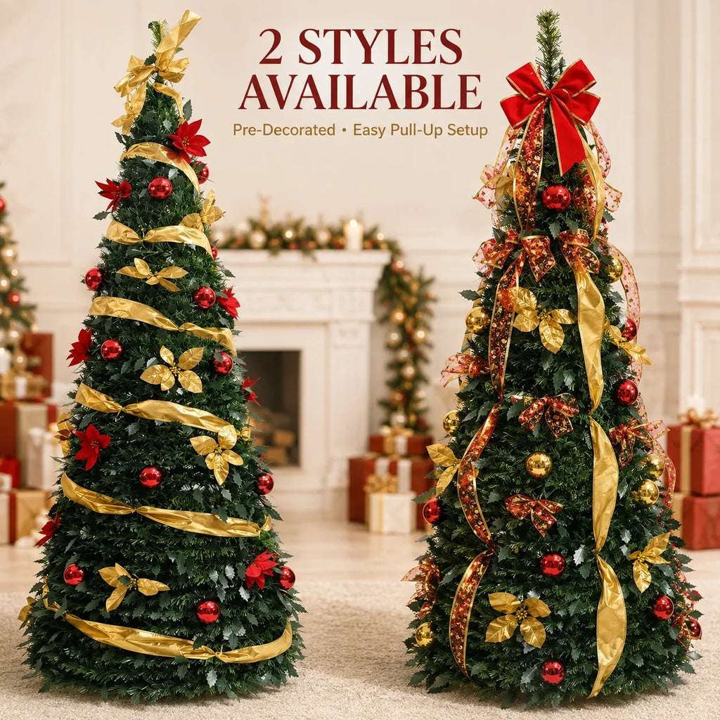 Retractable Foldable Pre‑decorated Christmas Tree with Ornaments Space Saving Storage Xmas Decoration for Holiday Indoor Gift