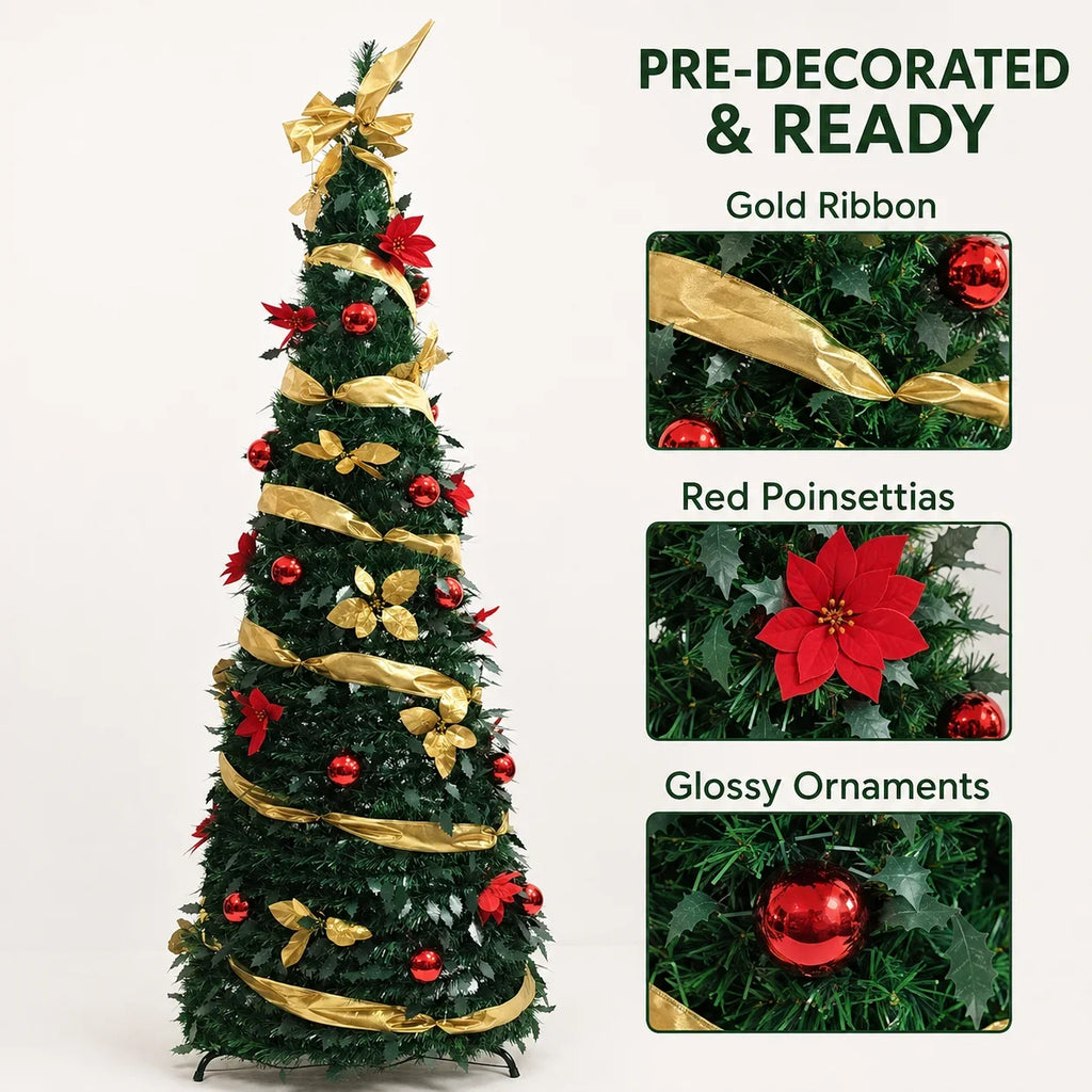 Green PVC Christmas Tree 1.5/1.8/2.1M Pre-Decorated Bow Topper Flowers,Foldable Xmas Tree Optional USB Lights Holiday Home Decor
