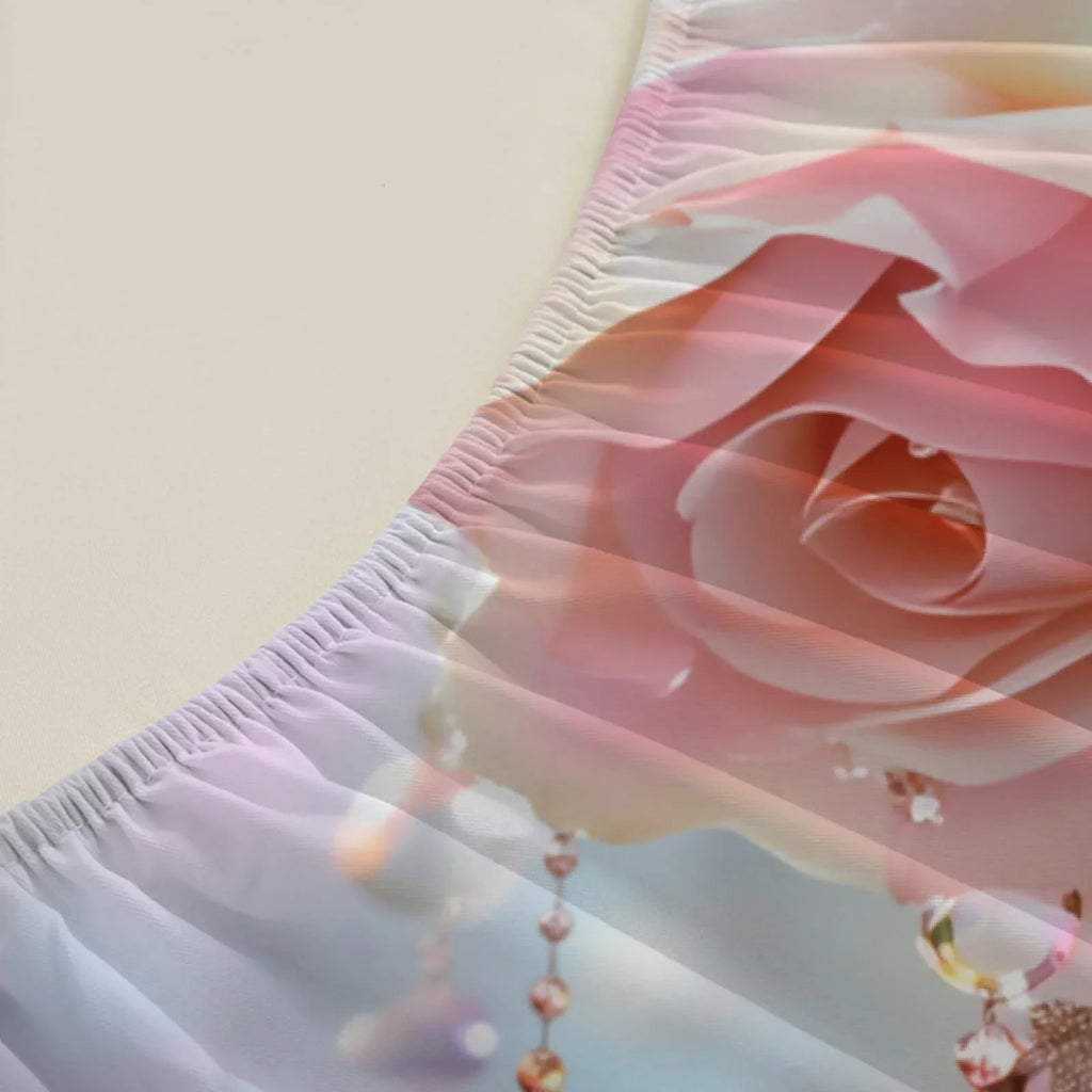 1pc 3D Pink Roses with Crystal Bead Print Fitted Sheet Deep Pocket