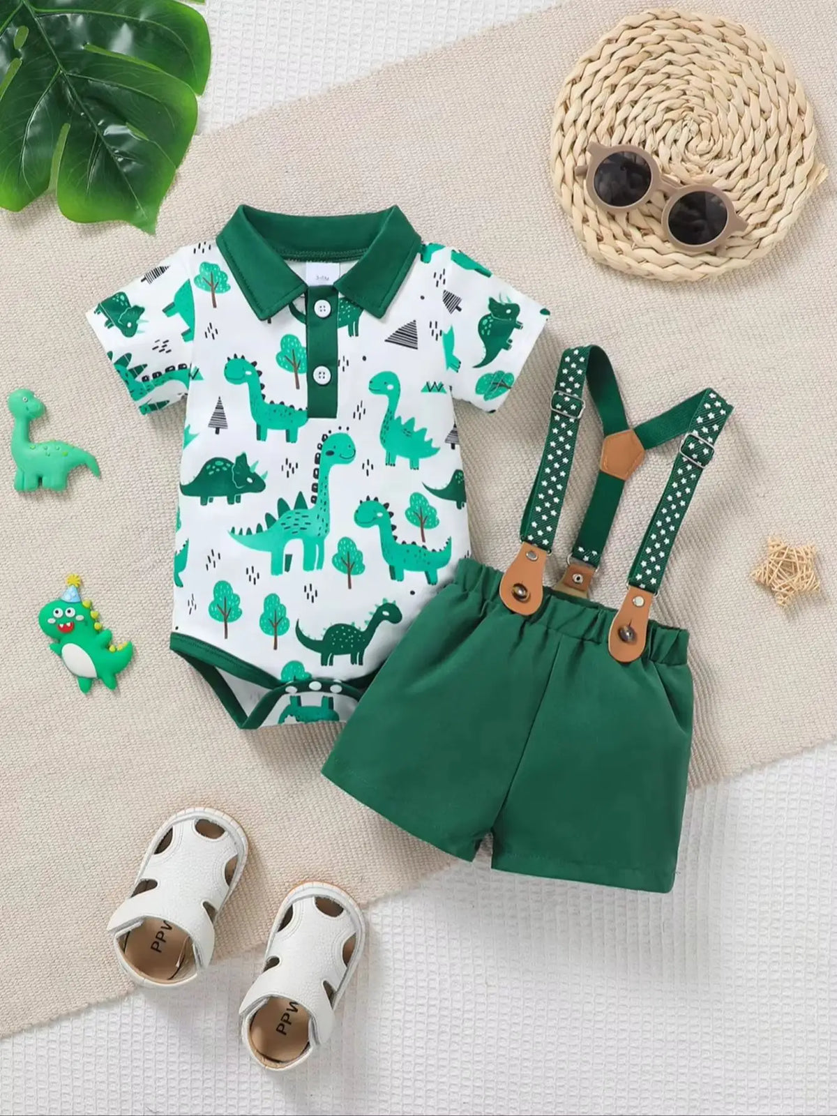 Baby Boy Summer Outfit 2-Piece Set Cartoon Dinosaur Print Polo Short