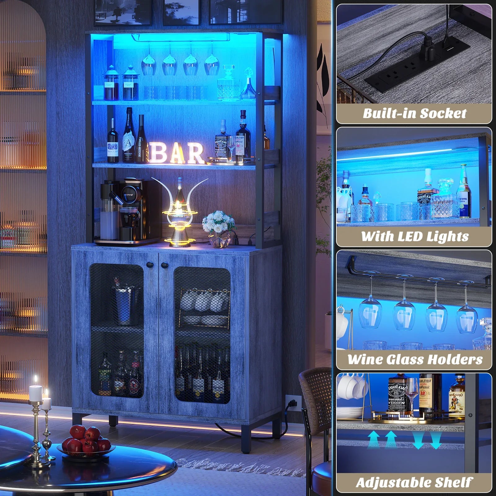 67" Tall Bar Cabinet with LED Lights And Glass Holder - Wine Liquor Cabinet with Power Outlets for Living Room Coffee Bar Station Microwave Stand Bakers Rack, White Oak