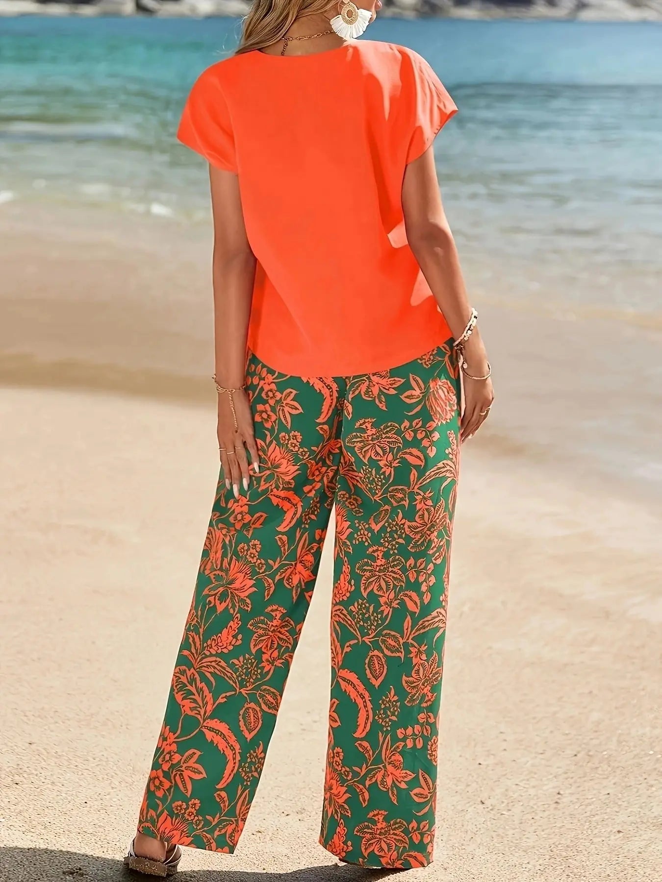 Summer Women 2 Piece Outfit Set V-Neck Short Sleeve T-Shirt + Floral