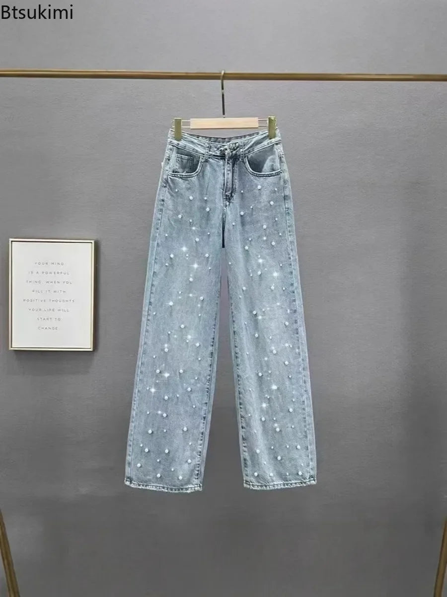 Beaded High-Waist Straight Jeans | Elegant Splice Denim | Women's Casual Streetwear Pants