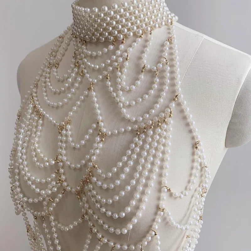 Sexy Accessories Women Bikini Pearl Chest chain Body Chain Jewelry Totally Hand-made Bra Fringed For Beach Nightclub Waist Chain