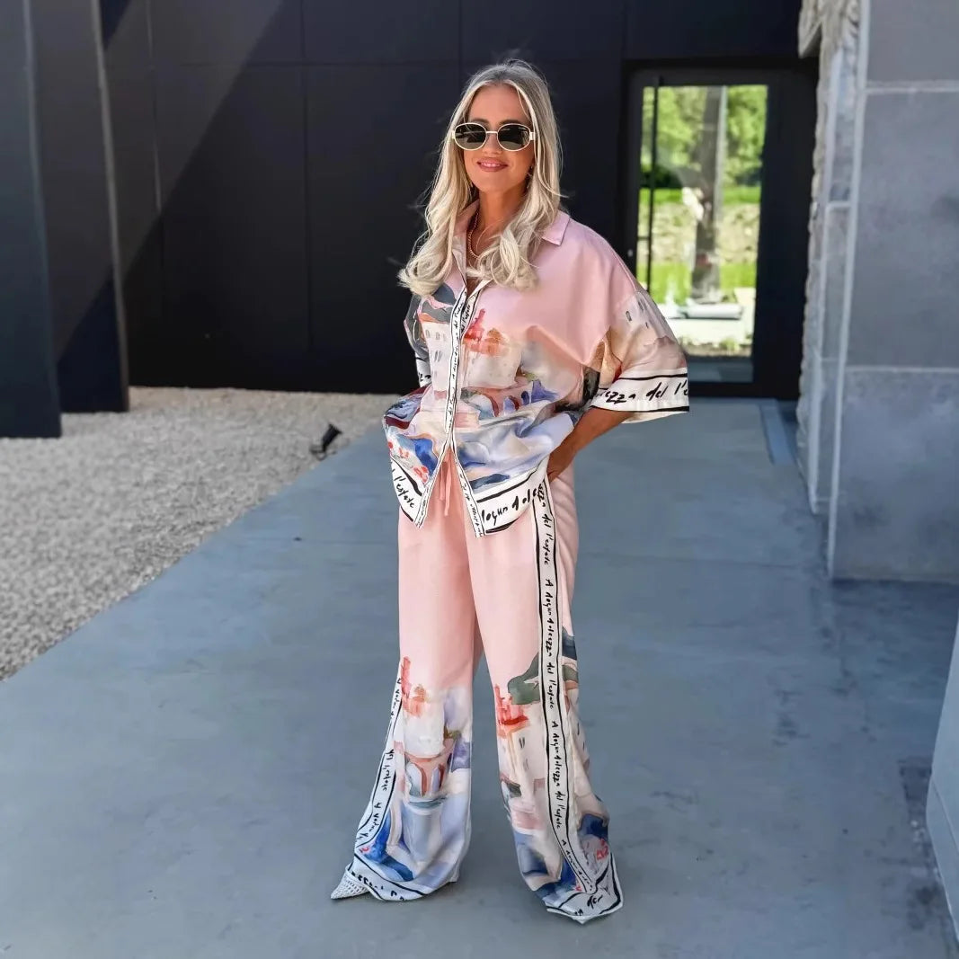 Autumn New Half-Sleeved Printed Shirt Trousers for Women 2-Piece Set