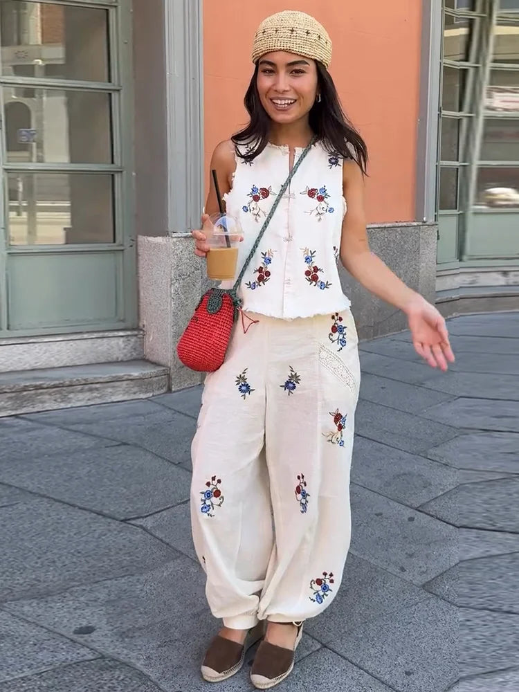Casual Print Vest Pants Suit Women Loose Sleeveless Single Breasted