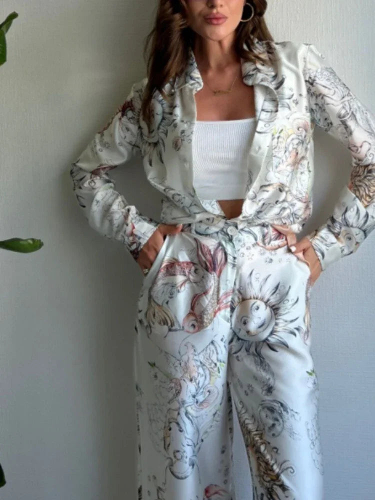 2 Pieces Set for Woman Summer New Elegant Print Long Sleeves Shirt