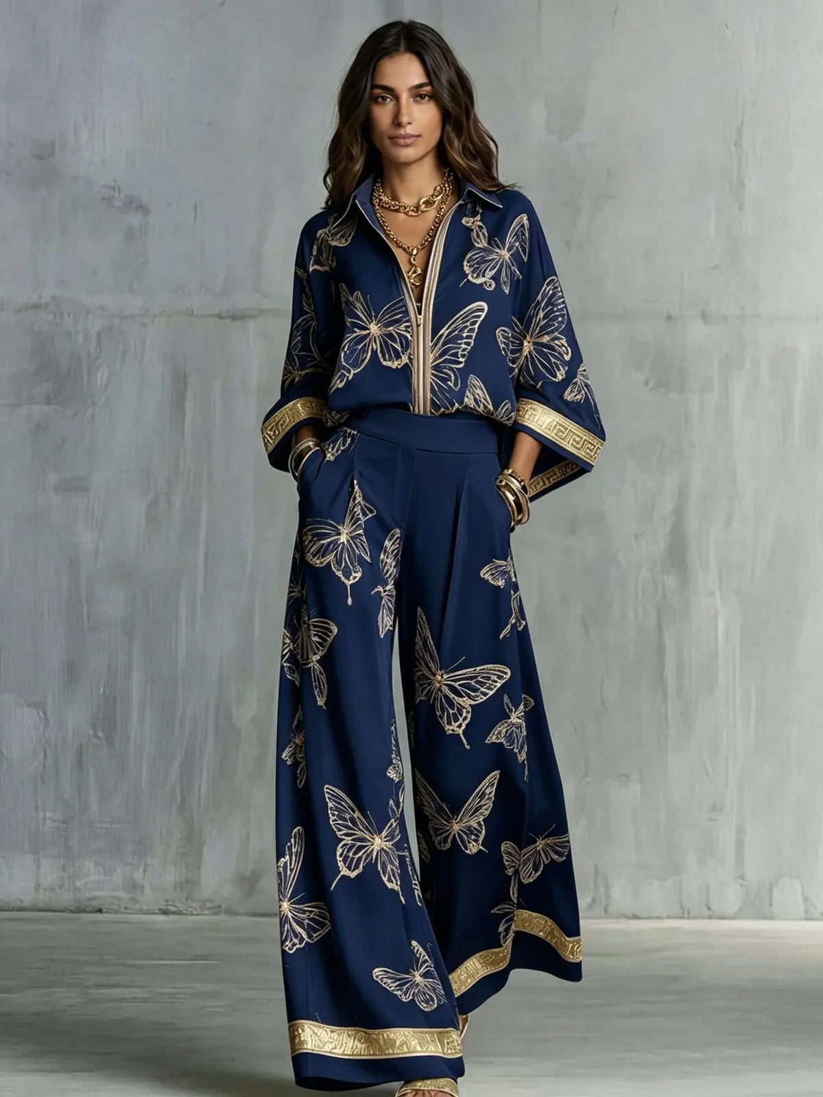 Fashion Set For Women Autumn 2026 New Loose Lapel Zipper Long Sleeve Coat Top Wide Leg Pants Two Piece Set Leisure Print Outfits