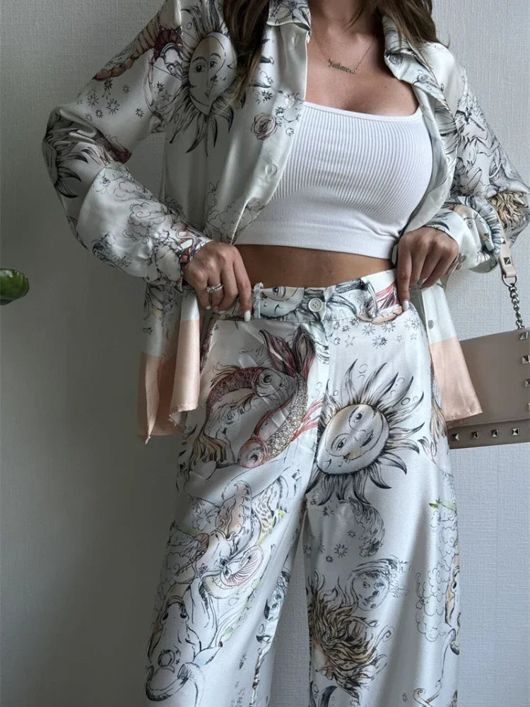 2 Pieces Set for Woman Summer New Elegant Print Long Sleeves Shirt