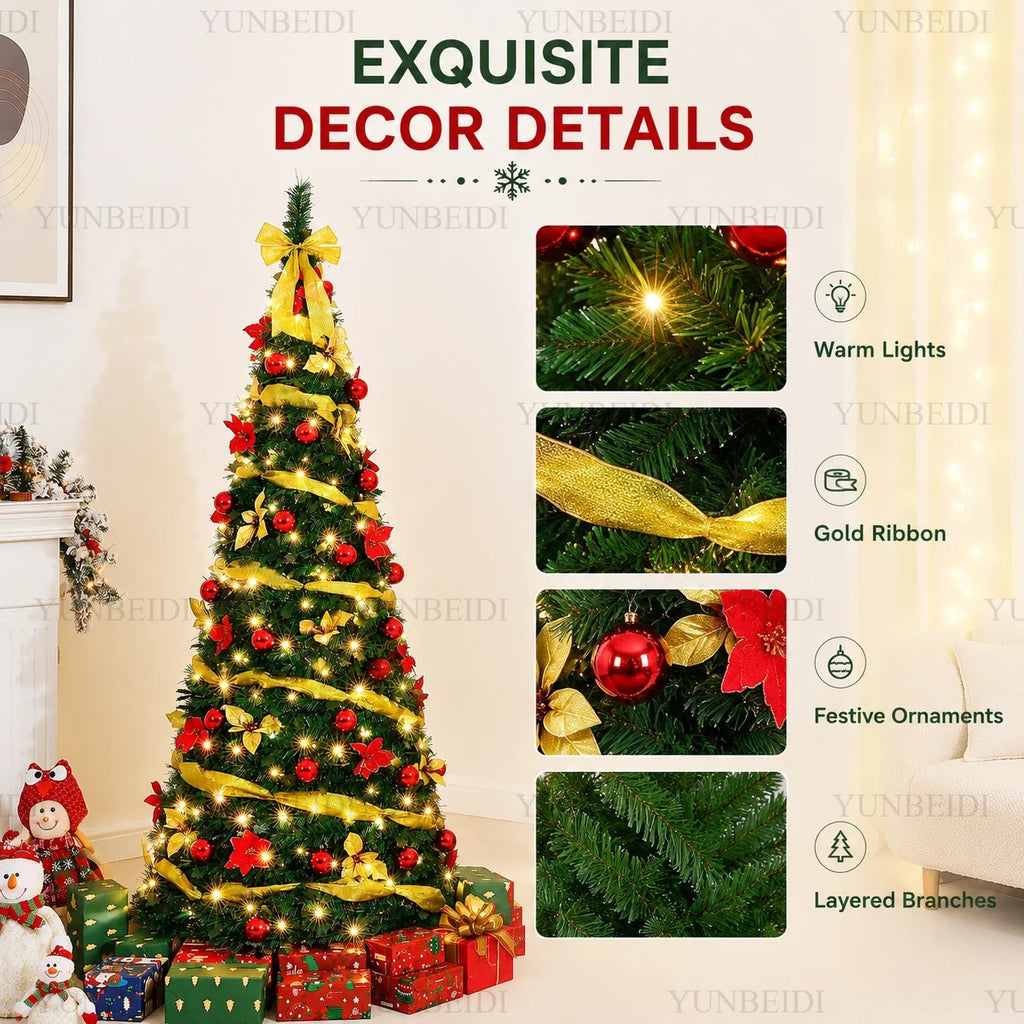 Folding Christmas Tree with LED Lights and Christmas Flowers Telescopic Artificial Christmas Tree 150CM/180CM Home Decoration