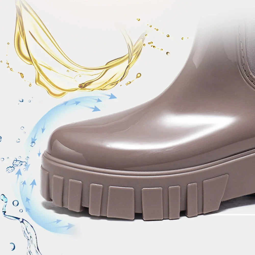 PVC Fashion Rain Boots Shoes For Women Solid Anti-slip Wear-resistant Thick Soled Shoes Low Cut High Top Round Toe Waterproof Water Shoes