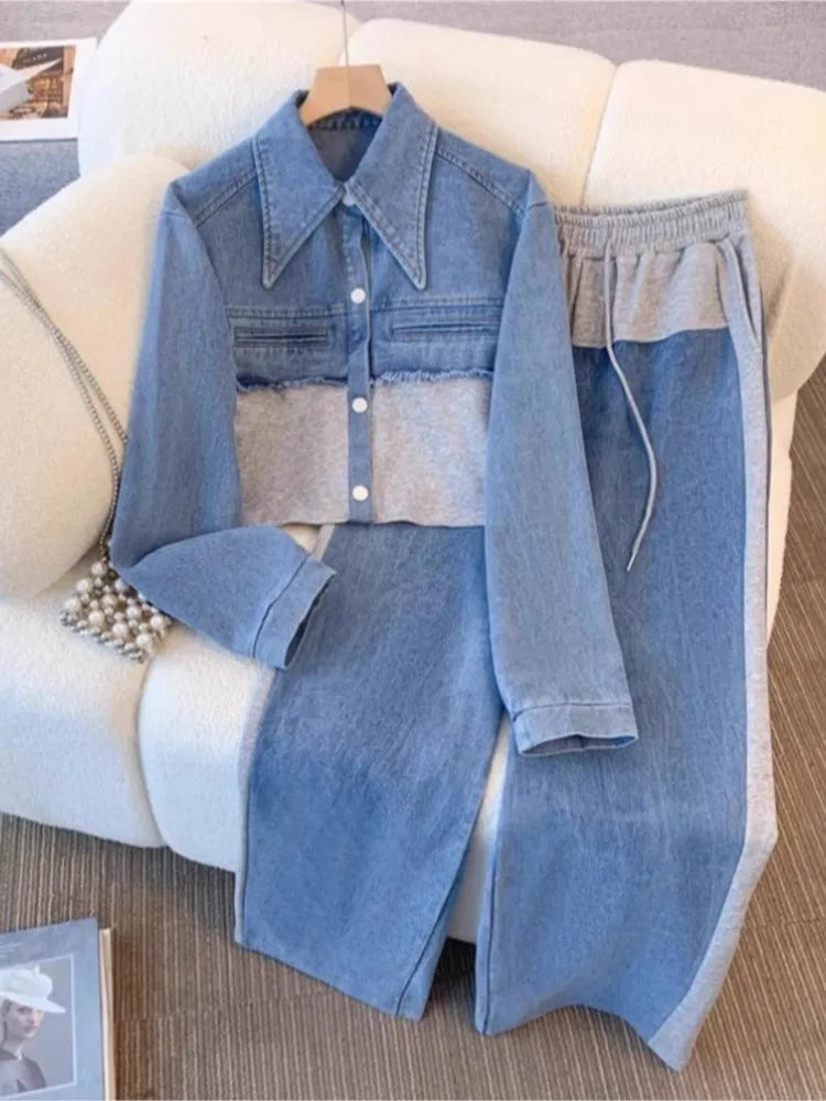 Blue Patchwork Pants Sets Women Fashion Long Sleeve Single-Breasted