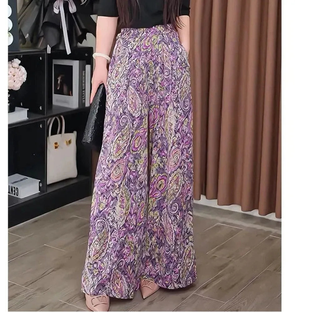 High Waist Summer New Style Printing Pocket Sunscreen Ice Silk Pants
