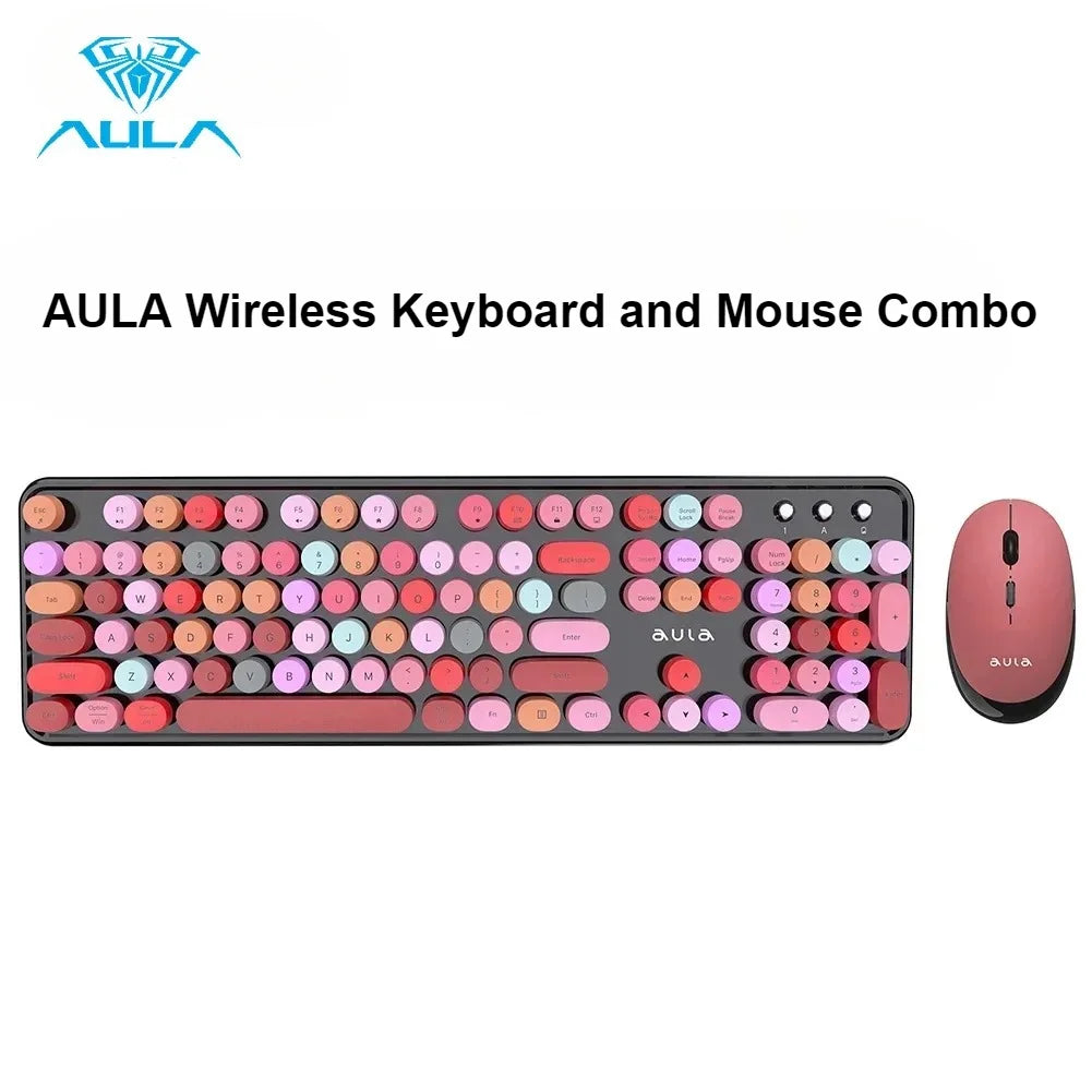 AULA AC306™ Wireless Retro Round Keycap Keyboard & Mouse Set – Silent 2.4G, Pink & Coffee | FlipStylez LLC®