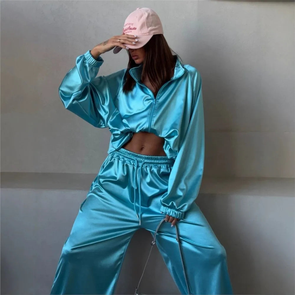 2026spring Autumn New Satin Women's Sports Suit Fashion Zipper Long
