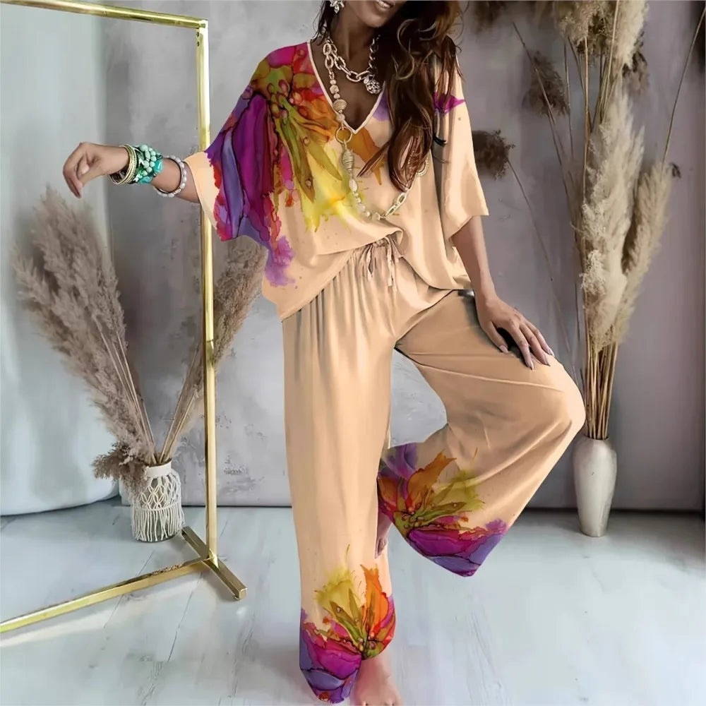 Autumn Print Two-Piece Set Women V-Neck Bat Sleeve Set Top Casual